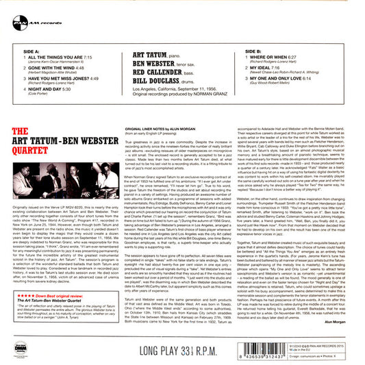 THE ART TATUM & BEN WEBSTER QUARTET "Selftitled" VINYL LP (180 Gram Edition)